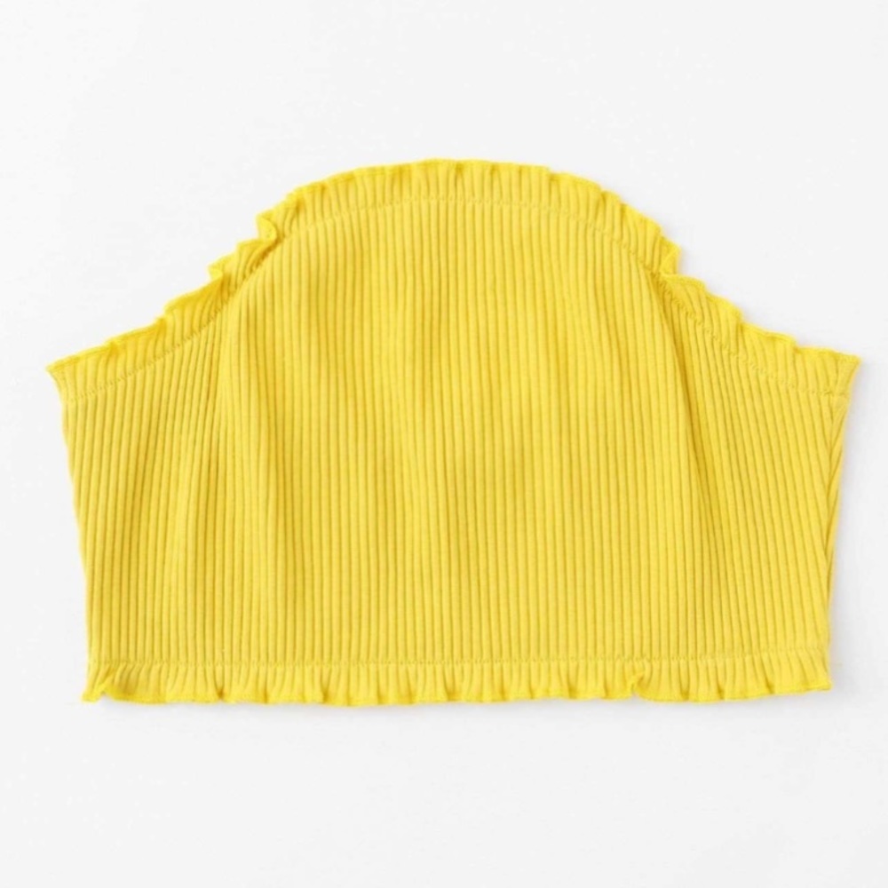 ROMWE Women’s Frill Hem Ribbed Bandeau Strapless Crop Top Shirt - yellow, size L